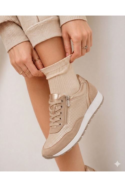Bej Fermuarlı Günlük Spor Ayakkabı – Kadın Rahat Taban Sneaker | Hafif, Nefes Alabilir, Şık Tasarım