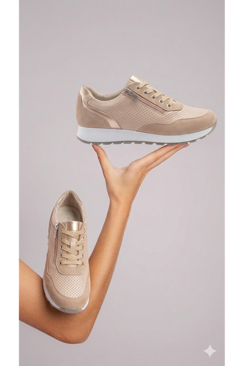 Bej Fermuarlı Günlük Spor Ayakkabı – Kadın Rahat Taban Sneaker | Hafif, Nefes Alabilir, Şık Tasarım